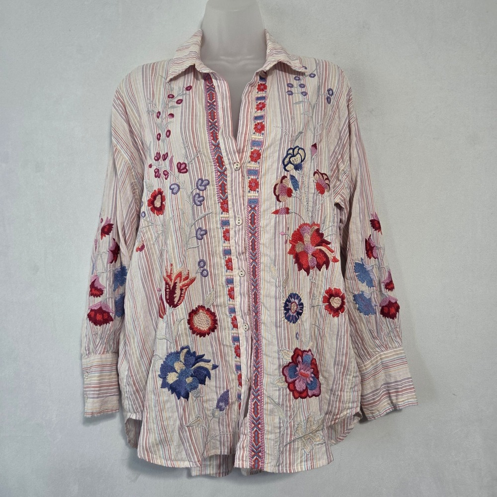 Johnny Was Button Up Shirt Womens S Pink Striped Floral Embroidered Boho Coastal
